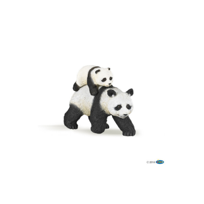 Figura decorativa de dois pandas, adulto e filhote, em preto e branco sobre fundo branco