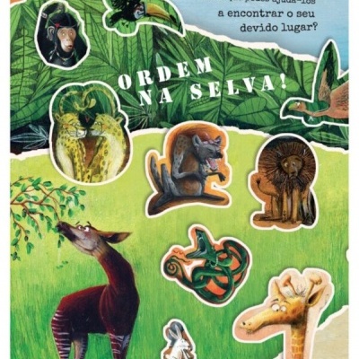 Ilustração de vários animais da selva com texto 'ORDEM NA SELVA!' em português.