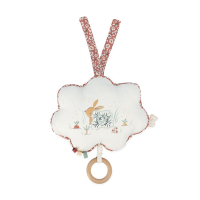 Brinquedo infantil em forma de nuvem com estampa de coelho e anel de madeira
