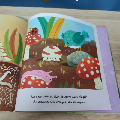 Página ilustrada de livro infantil com cogumelos vermelhos, caracol rosa e pássaro azul