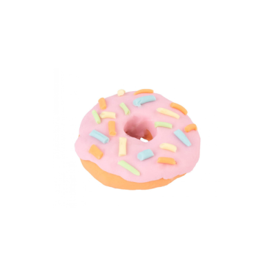donut com cobertura rosa e confetis coloridos sobre fundo branco