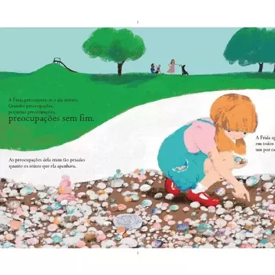 Ilustração de criança ruiva apanhando conchas na praia com texto em português.