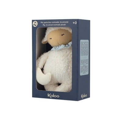 Peluche musical nómada Kaloo, bege e azul, caixa azul com visor