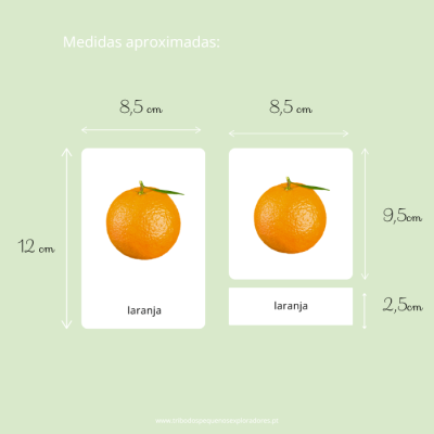 Cartas educativas com imagem de laranja e indicações de medidas