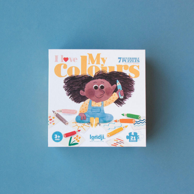 Caixa de puzzle infantil I love My Colours da marca londji com ilustração de criança e lápis de cor