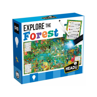 Caixa de jogo Explore the Forest com ilustração de floresta e acessórios.