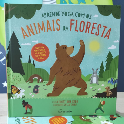 Capa de livro infantil 'Aprende yoga com os animais da floresta' com urso e outros animais ilustrados