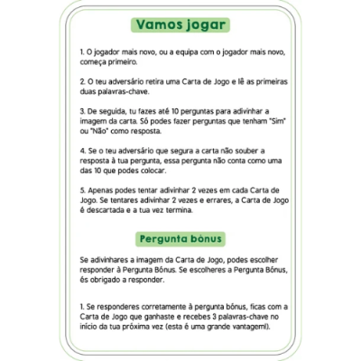 Cartão de jogo com regras e perguntas bônus em português