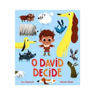 Capa de livro infantil com menino e vários cães coloridos num fundo azul claro