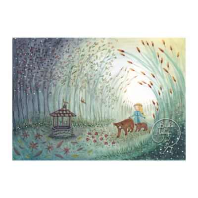 Ilustração de bosque com poço de pedra, homem com chapéu e botas, e dois ursos