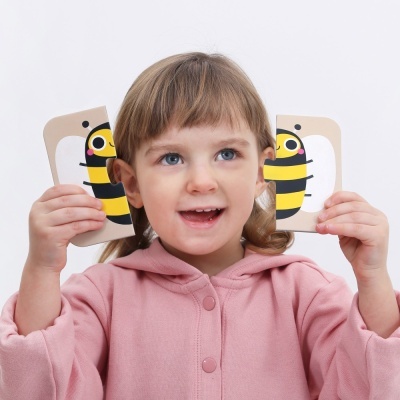 Criança com dois cartões de abelha em fundo branco.