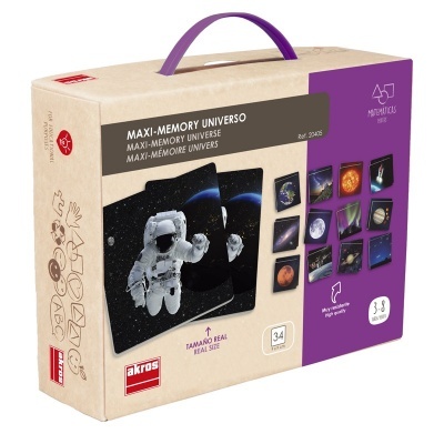 Caixa de jogo Maxi-Memory Universo da Akros com imagens do espaço e astronauta