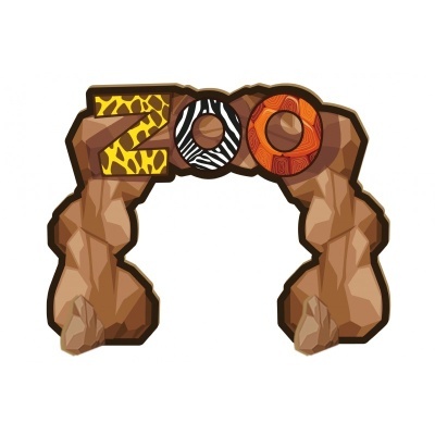Portal decorativo com a palavra ZOO em texturas de pele de animais e base de rochas