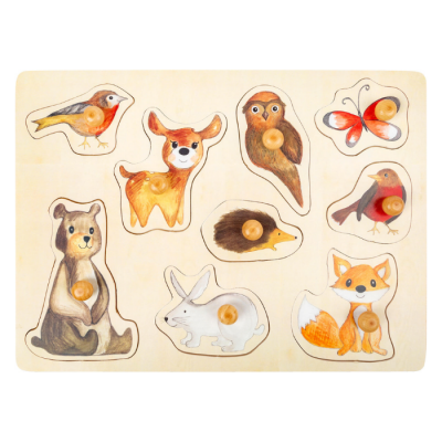 Puzzle de madeira infantil com animais pintados e puxadores de madeira