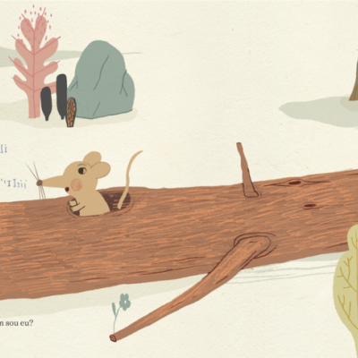 Ilustração de pato, rato num tronco de madeira, árvores estilizadas e vegetação