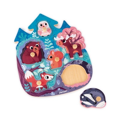 Quebra-cabeças de madeira com animais coloridos e texturizados em forma de casa