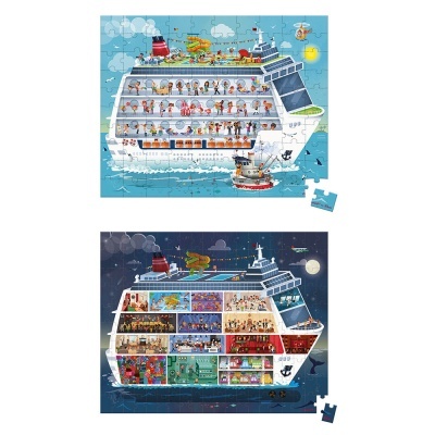 Dois puzzles de navio de cruzeiro ilustrados, um de dia e outro de noite, com múltiplas janelas e personagens visíveis.