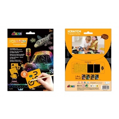 Embalagem kit de atividades para crianças SCRATCH Transportation da AVENIR com 8 peças para rabiscar e colorir.