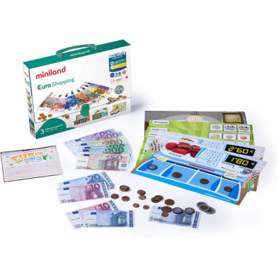 Brinquedo educativo Miniland Euro Shopping com notas e moedas de brinquedo e caixa registadora