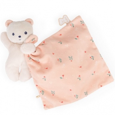 Doudou com peluche urso branco e pano rosa claro com flores pequenas