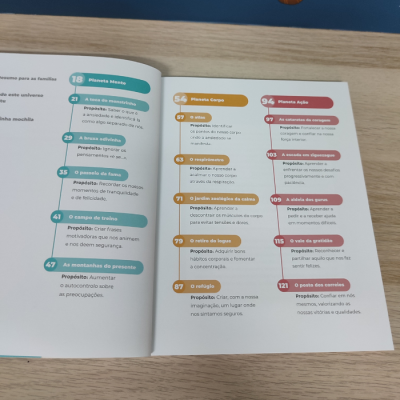 Páginas abertas de um livro com textos organizados em colunas coloridas e títulos relacionados a bem-estar.
