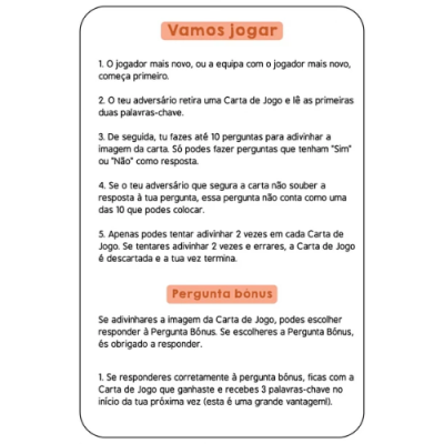 Cartão de jogo com regras em português com destaques em laranja, texto preto em fundo branco