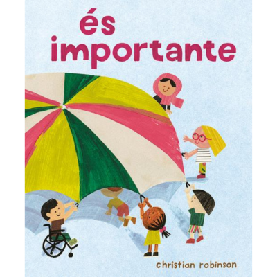 Capa de livro 'és importante' com ilustração de crianças e guarda-chuva colorido