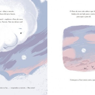 Páginas de livro infantil com ilustrações de nuvem sorridente e céu colorido em tons de azul e rosa