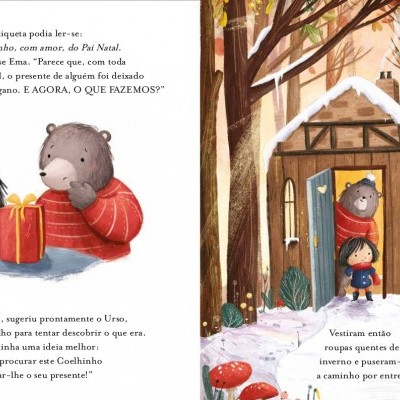 Ilustração colorida de uma menina com ursinho junto a uma casa de madeira na neve, com texto em português ao lado.