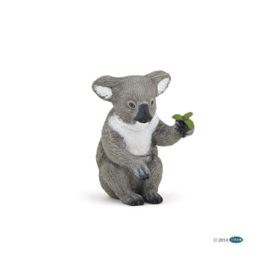 Figura decorativa de coala cinzento sentado a segurar uma folha verde