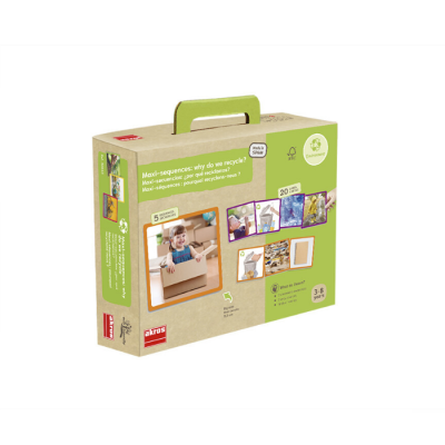 Embalagem verde com alça contendo jogo educativo sobre reciclagem para crianças