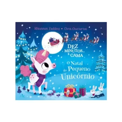 Capa de livro infantil com unicórnio e Natal em tons de azul e rosa