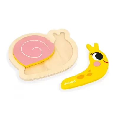 Quebra-cabeças infantil em madeira com caracol amarelo e concha rosa
