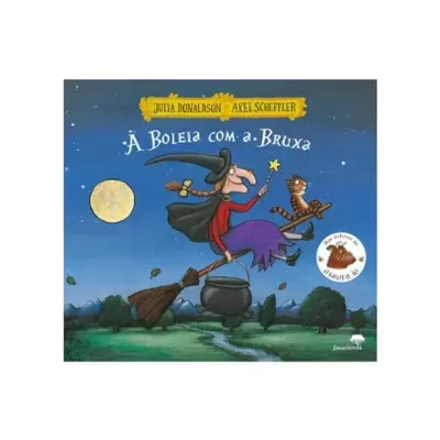 Capa de livro com bruxa e gato a voar numa vassoura ao luar
