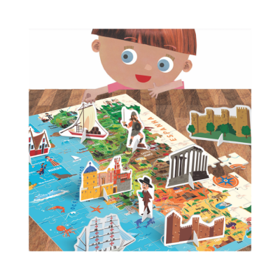 Jogo de tabuleiro educativo com mapa de Espanha e figuras recortadas em cartão