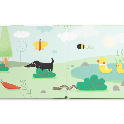 Página de livro infantil com desenhos coloridos de animais e natureza