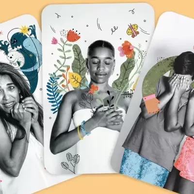 Três cartas com fotos em preto e branco de pessoas sobre fundos com ilustrações coloridas e fundo amarelo.