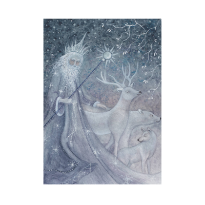 Ilustração artística com personagem de coroa e animais num cenário de inverno.