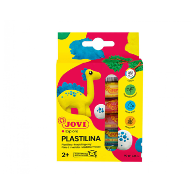 Pacote colorido de plastilina JOVI Explore com 6 barras de cores variadas e imagem de dinossauro amarelo