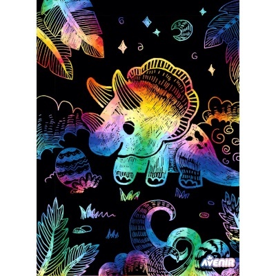 Desenho colorido de dinossauros e elementos naturais em fundo preto