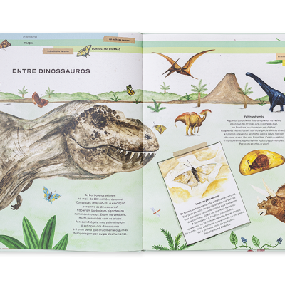 Livro aberto com ilustrações de dinossauros e texto em português
