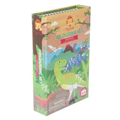 Conjunto de colorir de dinossauros em caixa de cartão com ilustrações coloridas