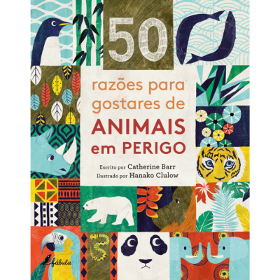 Capa de livro colorida com ilustrações de animais e texto sobre animais em perigo