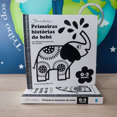 Livros de bebé com capa dura em preto e branco, título 'Primeiras histórias do bebé' e ilustração de elefante.