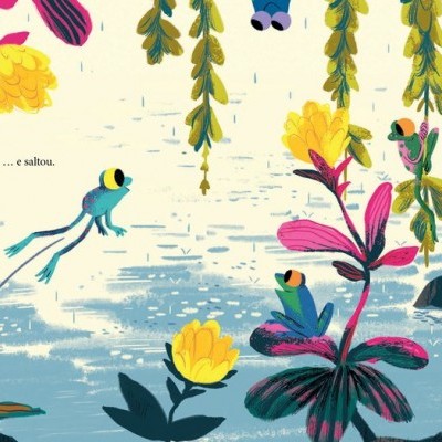 Cena natural colorida com lagoa, plantas, pássaro voando e sapo, com texto 