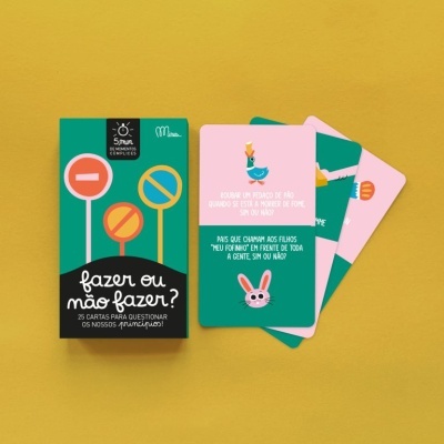 Caixa e cartas do jogo 'fazer ou não fazer?' com personagens ilustrados e texto em português.