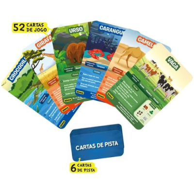 Cartas de jogo coloridas com imagens de animais e cartas azuis com texto CARTAS DE PISTA