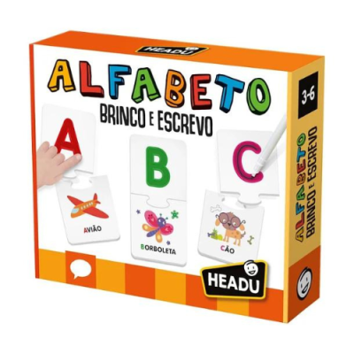 Jogo educativo de cartas ALFABETO BRINCO E ESCREVO com letras e imagens coloridas para crianças.