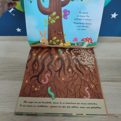 Livro infantil ilustrado com árvore, raízes, minhocas, e texto em português.