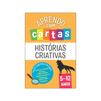 Capa de produto educativo Aprendo com cartas com cores laranja, branco e azul, texto e silhueta de lobo preto